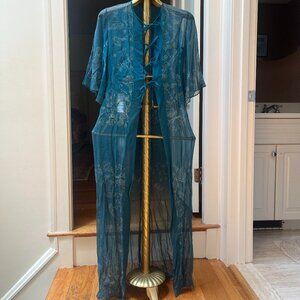 Emmanuelle Khanh Blue Sheer white printed robes with multi ties 1970s